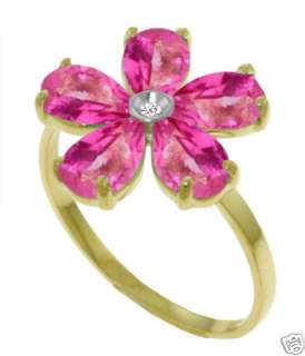 Natural Pink Topaz Gemstones Genuine Diamond Flower Ring 14K. Yellow 