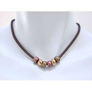 Multi Bead Necklace with Antique Copper Mesh Strand and Antique Copper 