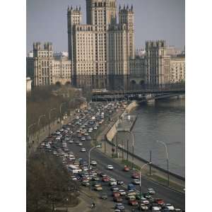 Rush Hour Traffic on Moskvoretskaya, Moskva River, Moscow, Russia 