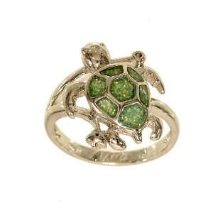   Turtle Silvertone Fashion Ring with Green Glitter Epoxy Shell Size 5