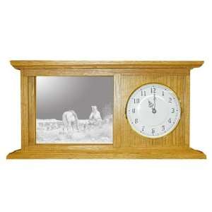  Oak Desk Top Clock With Cowboy and Cattle Etched Mirror 