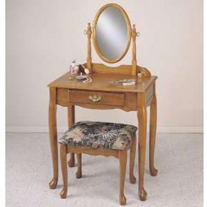  Powell Nostalgic Oak Vanity Mirror and Bench Set